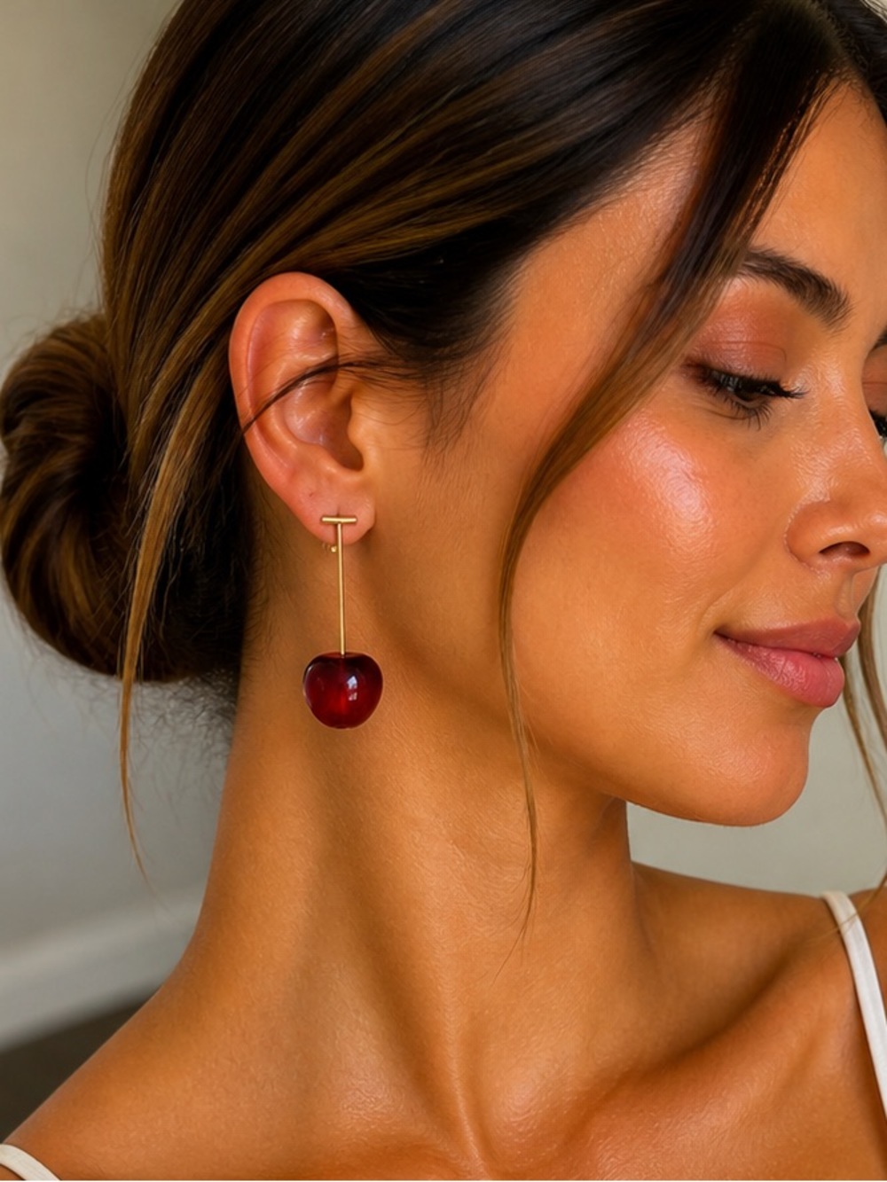 Gold Drop Cherry Earrings - Red -
